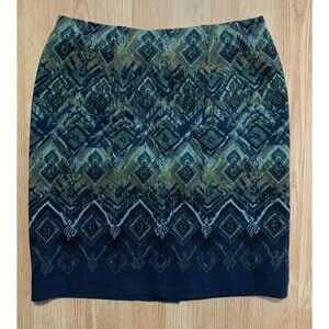 J Jill Skirt Green Blue Geometric Pattern Elastic Size Womens Small Workwear